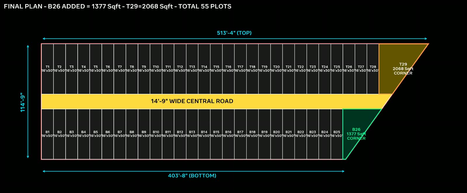 Official Final Plan — 55 plots, T1-T29, B1-B26, T29 2068 Sqft, B26 1377 Sqft